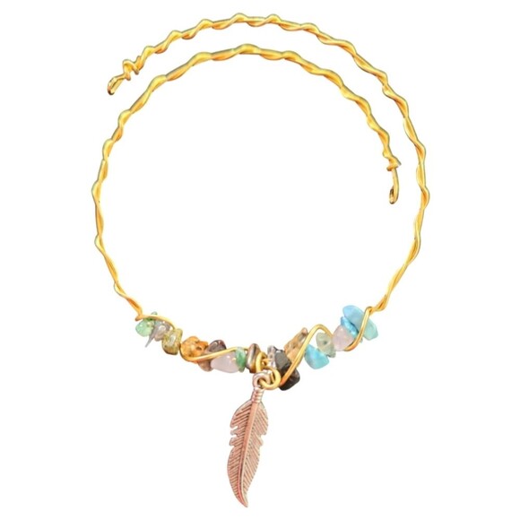 Mixed Gem Stones w/Feather Charm Extendable Bracelet - Picture 1 of 5